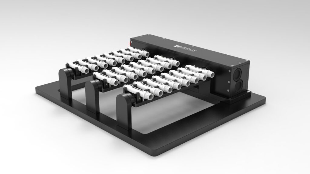 Isometric view of an auto rotational metrology checking fixture, the automatic part of the fixture is the turning of the rail by a motor. The fixture has white plastic components held in place using brown clips