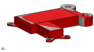 Solidworks image showing nominal model overlaid with the warpage compensated model in red