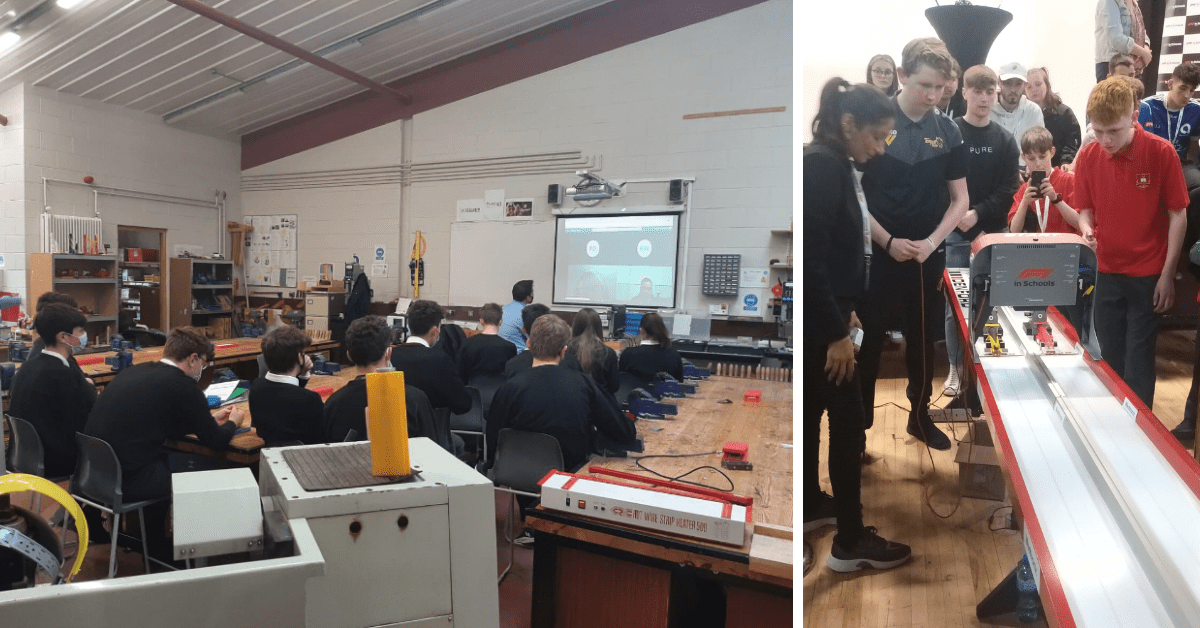 Verus Metrology engineers conducting a workshop with the students from St Attracta’s, and (R) one of the races on National Finals Day
